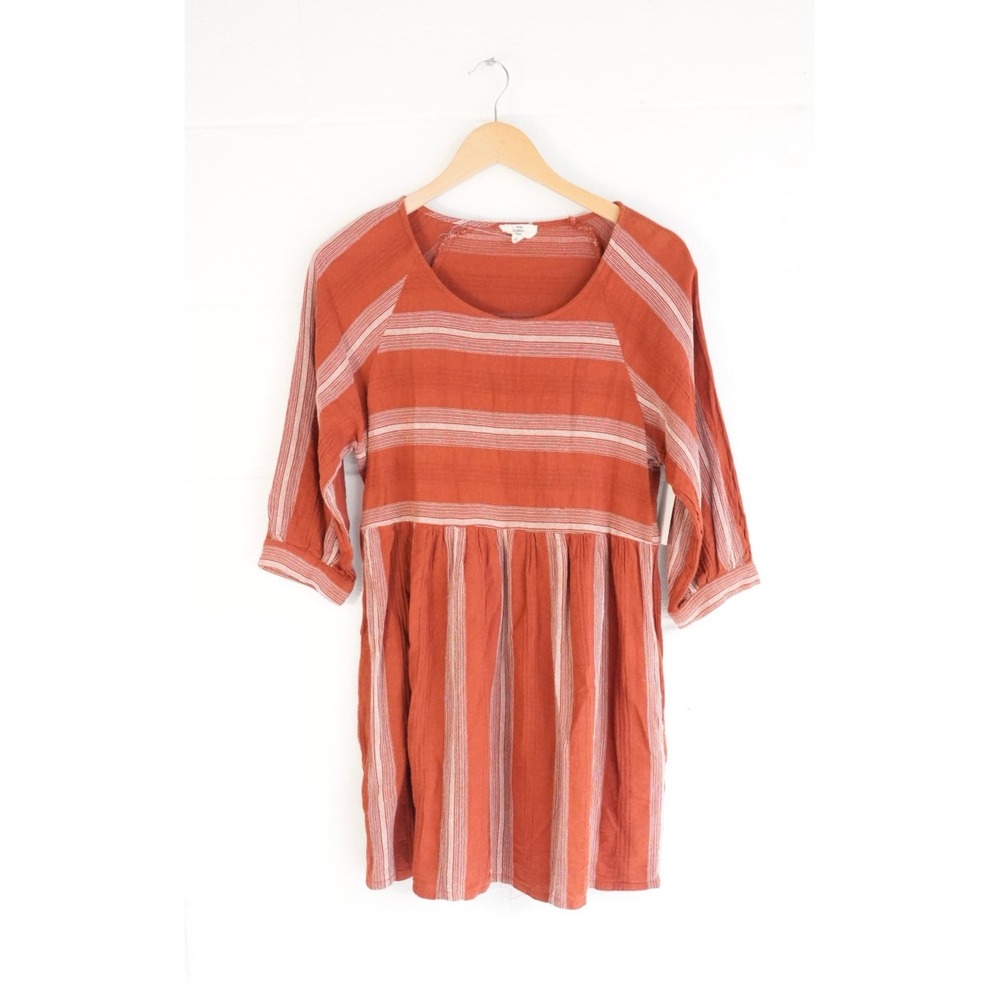 Entro Women Rust Terracotta Striped Babydoll Tunic Dress‎ 3/4 Sleeve Large